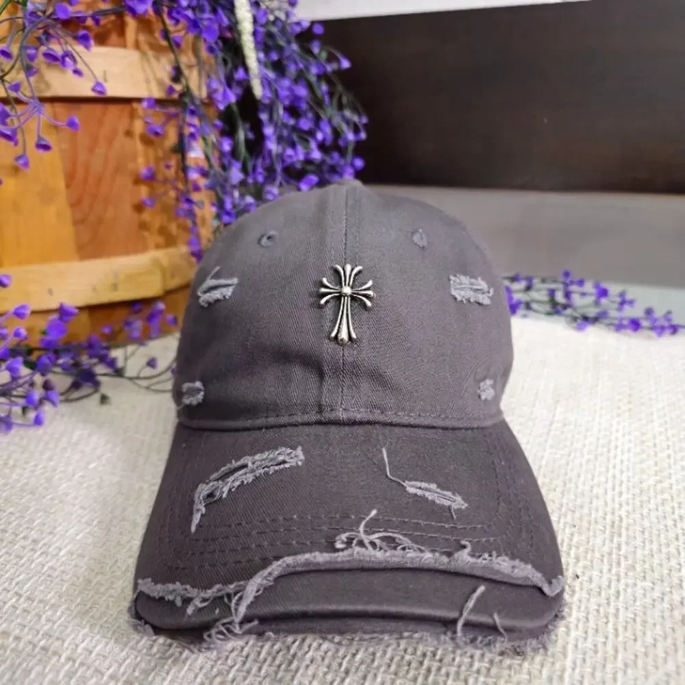 Gothic Cross Charm Distressed Denim Dad Hat Gray OS Like New